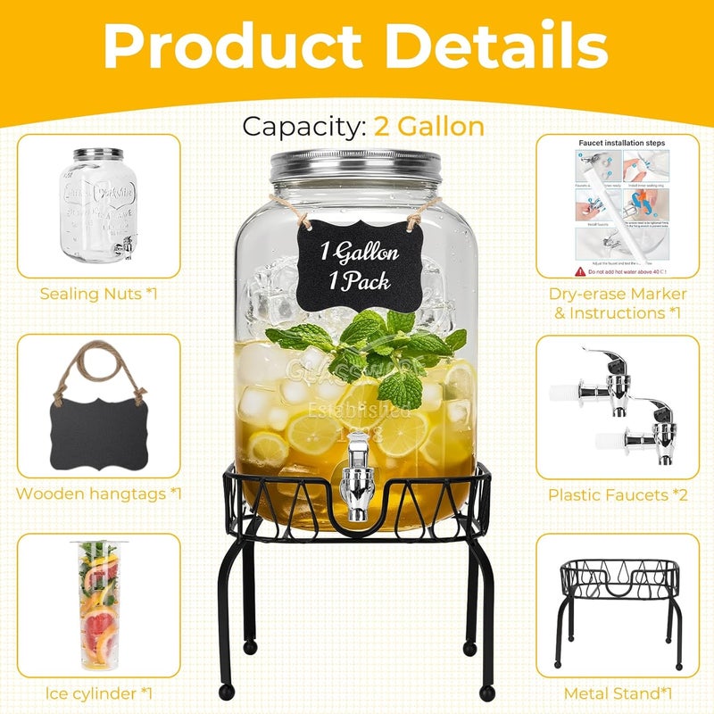 DHSBTLS 2 Gallon Glass Drink Dispensers, 1 Pack Clear Beverage Dispenser for Party, BBQ and Picnic, Juice Dispenser with Ice Core, Black Stand, Spigot, Markers and Chalkboard - Image 2